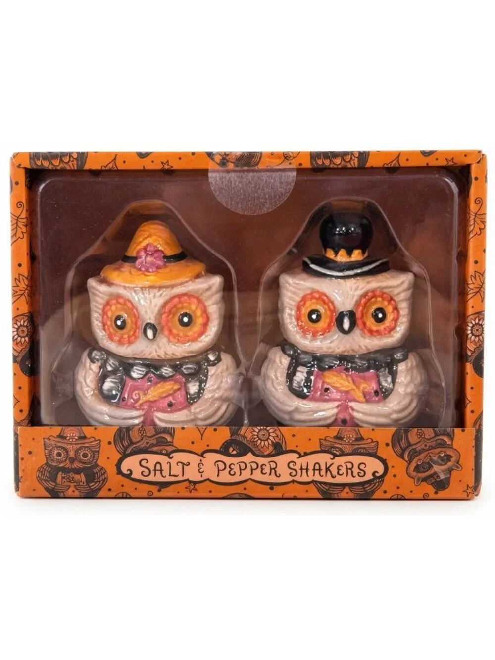 Johanna Parker Thanksgiving Owl Salt Pepper Shakers Witch Pilgrim Hats NIB
